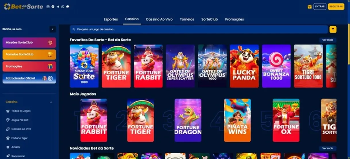 Página do cassino da Bet da Sorte no computador com campo de busca, listas Favoritos da Sorte, Mais Jogados e Novidades e menu lateral com Missões SorteClub, Torneios SorteClub e categorias de jogos