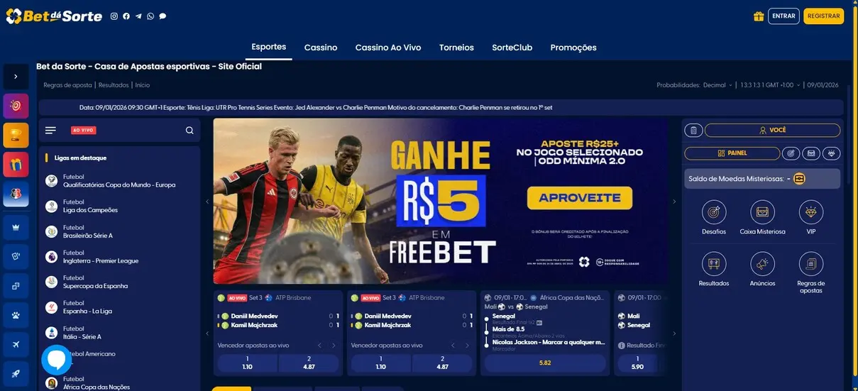 Área de esportes da Bet da Sorte no computador com menu Esportes, Cassino, Cassino Ao Vivo, Torneios, SorteClub e Promoções, lista de ligas de futebol em destaque, banner de freebet de R$ 5 e partidas ao vivo
