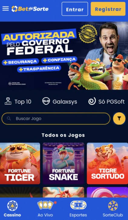 Cassino da Bet da Sorte no celular com botões Entrar e Registrar, atalhos Top 10, Galaxsys e Só PGSoft, campo Buscar Jogo, lista Todos os Jogos e menu inferior Cassino, Ao Vivo, Esportes e SorteClub