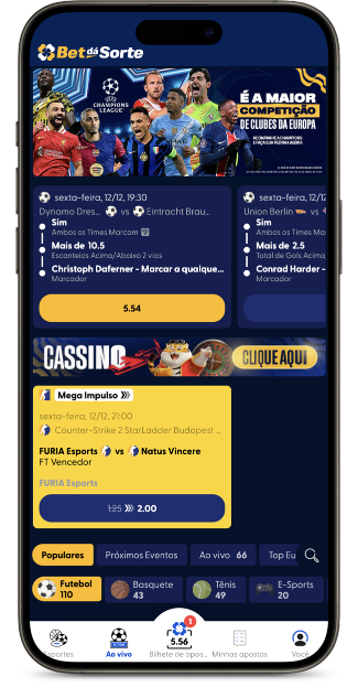 Versão mobile da Bet da Sorte em um iPhone com apostas de futebol, abas Futebol, Basquete, Tênis e E-Sports e menu inferior com Esportes, Ao vivo, Bilhete de apostas, Minhas apostas e Você