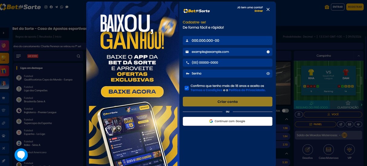 Janela Cadastre-se da Bet da Sorte com campos de CPF, e-mail, telefone e senha, caixa de confirmação de maioridade e termos, botão Criar conta e opção Continuar com Google