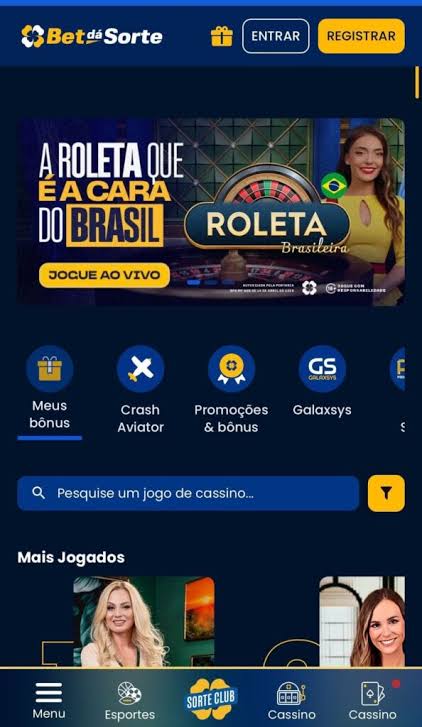 Cassino da Bet da Sorte no celular com banner Roleta Brasileira e botão Jogue ao vivo, atalhos Meus bônus, Crash Aviator, Promoções e bônus e Galaxsys, busca e lista Mais Jogados