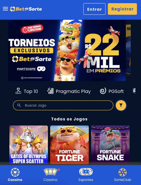 Banner Torneios Exclusivos Bet dá Sorte com R$ 22 mil em prêmios e selo Por tempo limitado, acima dos atalhos Top 10, Pragmatic Play e PGSoft